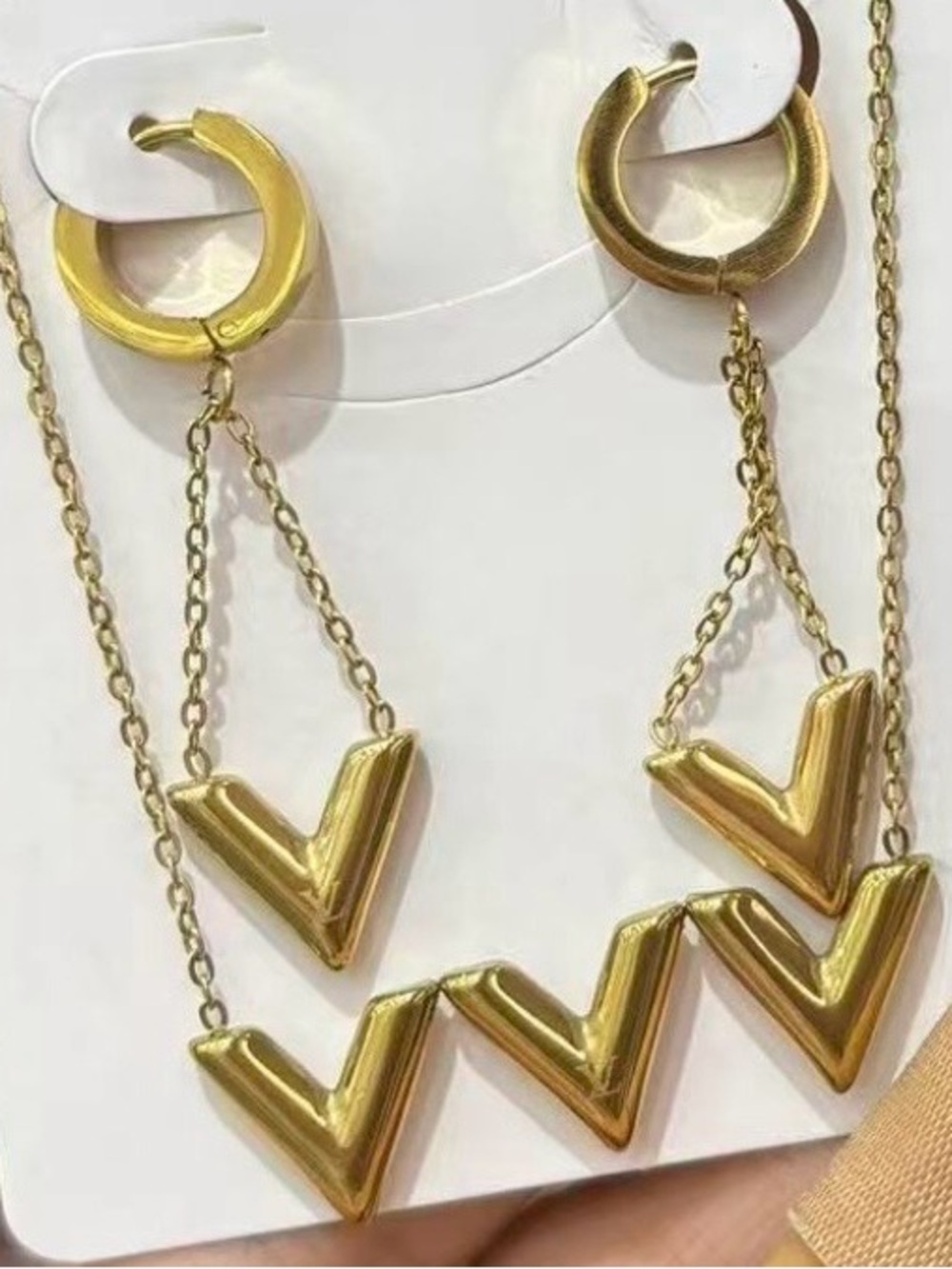 Gold V-Shaped Dangle Necklace & Earring Set